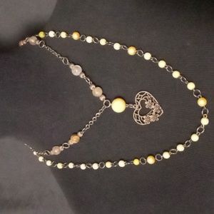 2 Strand Yellow and Marble Style Beaded Necklace w Heart and Flower Center
